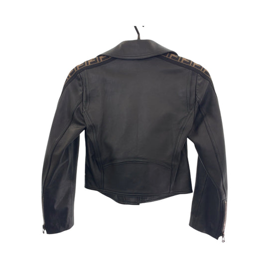 FENDI Riders jacket lambskin Black Brown SilverMetal Riders jacket Zucca Pattern Women Used Authentic