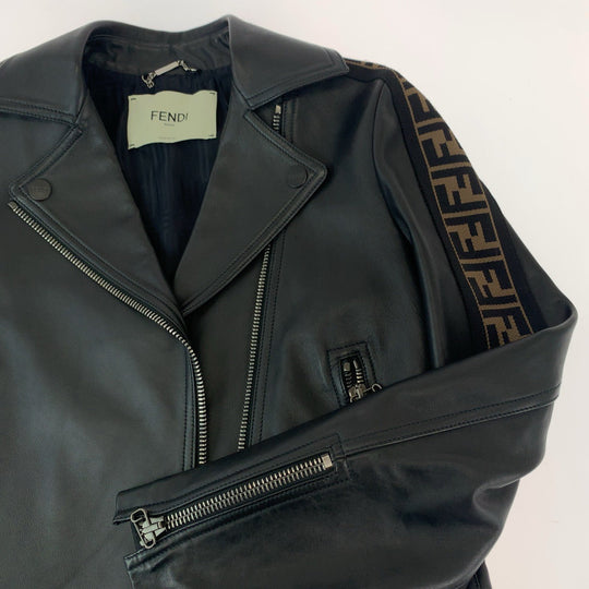 FENDI Riders jacket lambskin Black Brown SilverMetal Riders jacket Zucca Pattern Women Used Authentic