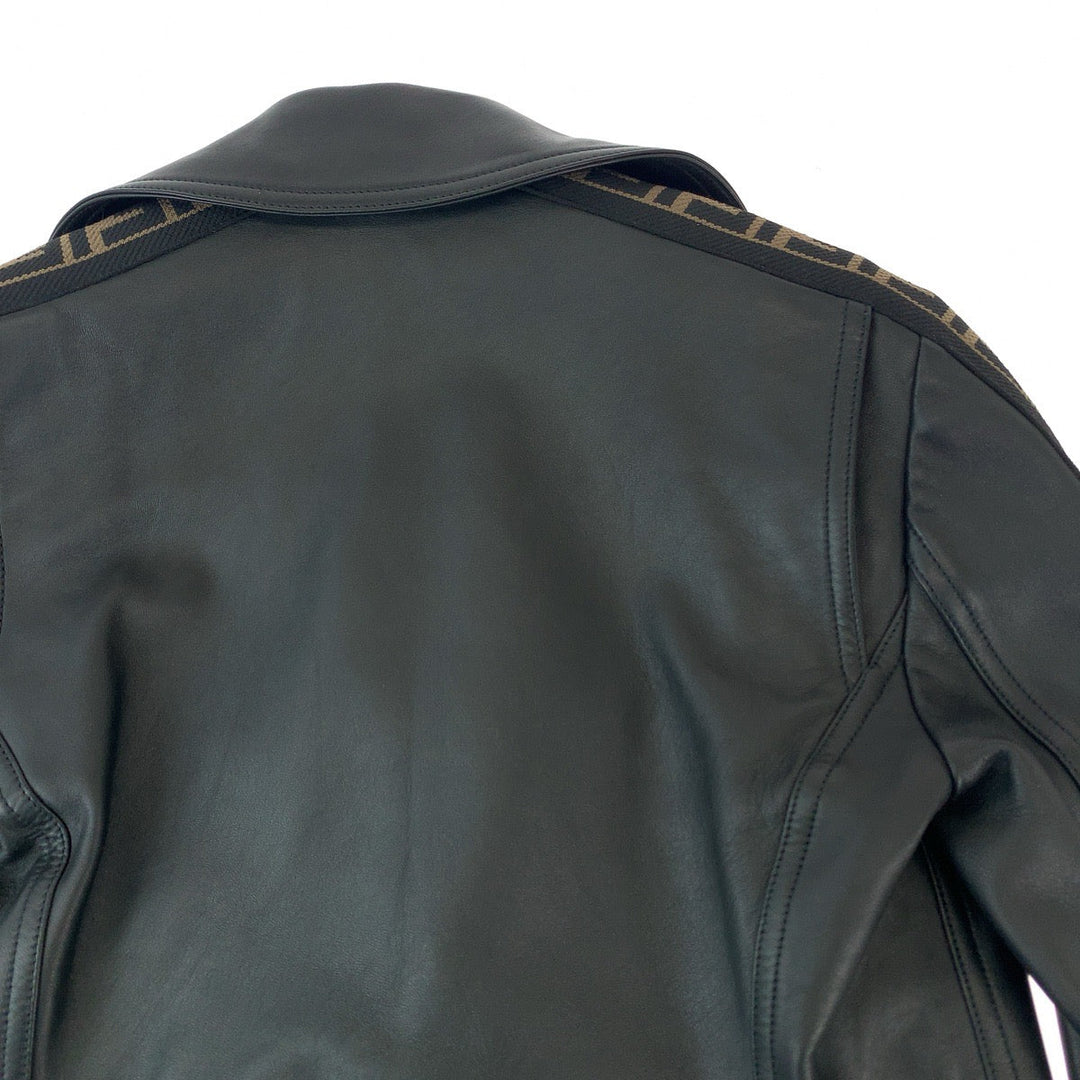 FENDI Riders jacket lambskin Black Brown SilverMetal Riders jacket Zucca Pattern Women Used Authentic