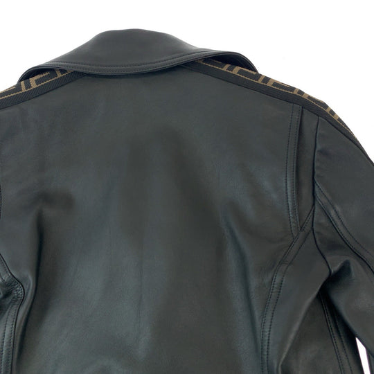 FENDI Riders jacket lambskin Black Brown SilverMetal Riders jacket Zucca Pattern Women Used Authentic