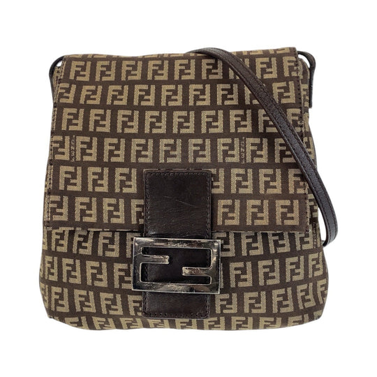 FENDI Shoulder Bag canvas Brown Silver Metal Crossbody Shoulder Bag Pochette Zucchino Kamsepochet Women Used Authentic