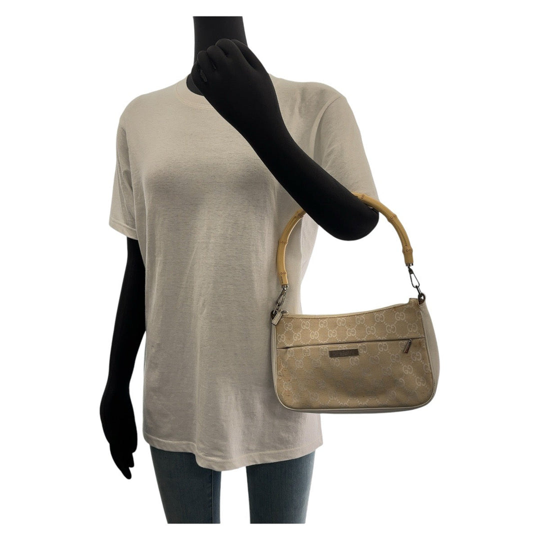 GUCCI Shoulder Bag 001 3870 GG canvas, leather White Beige SilverMetal Shoulder Bag Handbag Accessory Pouch Bamboo Women Used Authentic