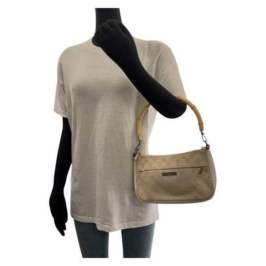 GUCCI Shoulder Bag 001 3870 GG canvas, leather White Beige SilverMetal Shoulder Bag Handbag Accessory Pouch Bamboo Women Used Authentic