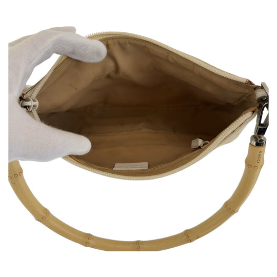 GUCCI Shoulder Bag 001 3870 GG canvas, leather White Beige SilverMetal Shoulder Bag Handbag Accessory Pouch Bamboo Women Used Authentic