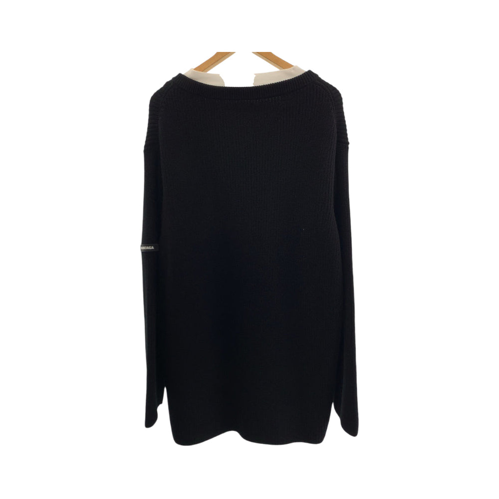 BALENCIAGA knit 678555 T3218 cotton black black white Layered knit sweater with docking design logo mens L Used Authentic