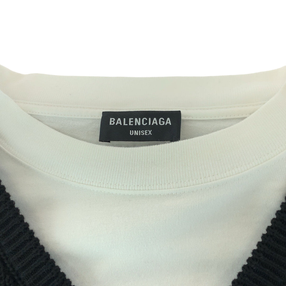 BALENCIAGA knit 678555 T3218 cotton black black white Layered knit sweater with docking design logo mens L Used Authentic