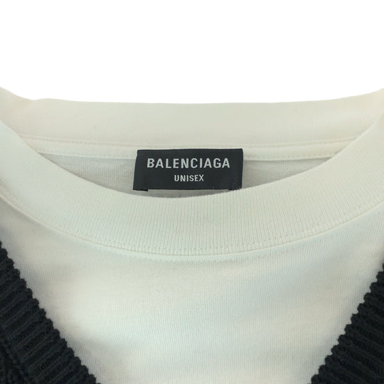 BALENCIAGA knit 678555 T3218 cotton black black white Layered knit sweater with docking design logo mens L Used Authentic