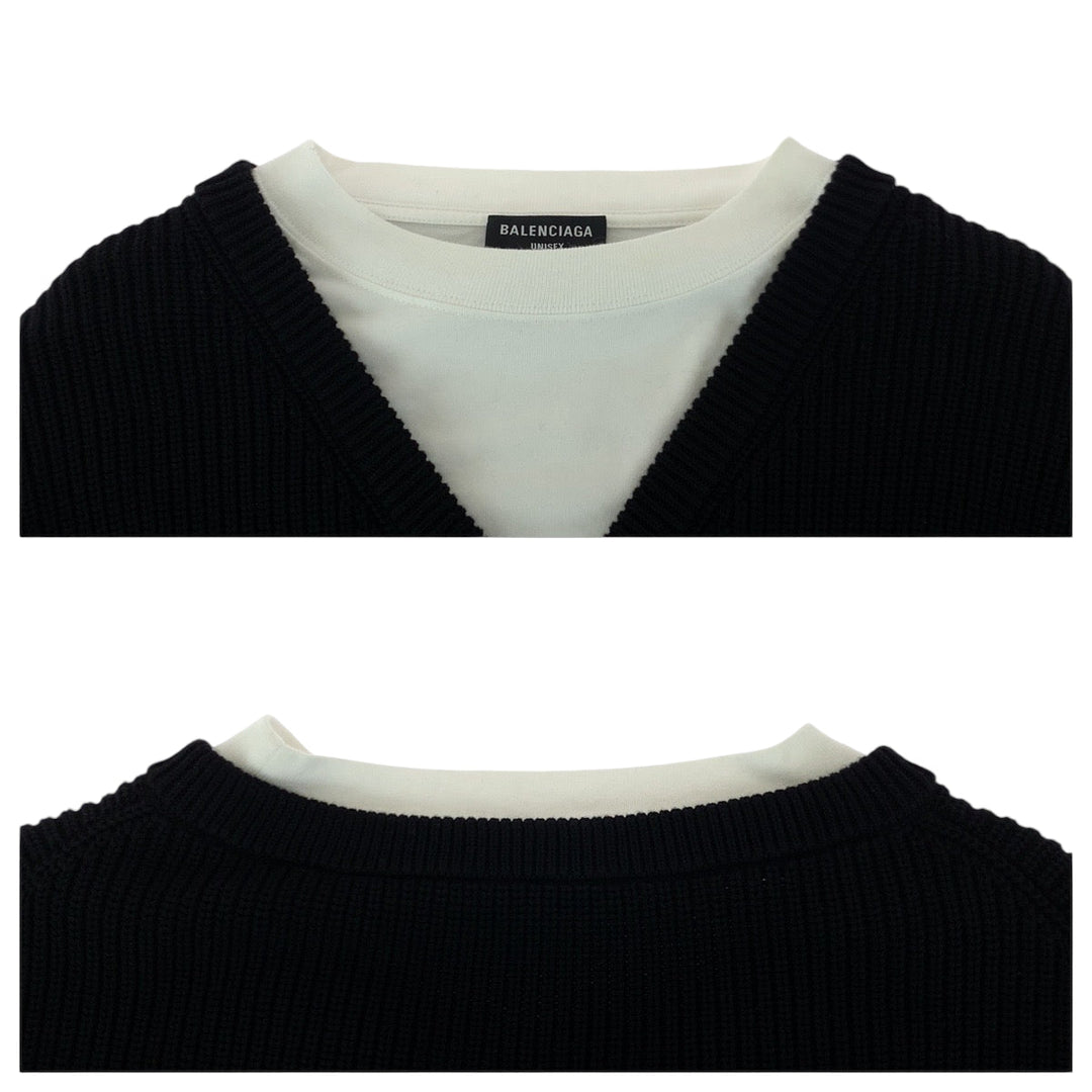 BALENCIAGA knit 678555 T3218 cotton black black white Layered knit sweater with docking design logo mens L Used Authentic