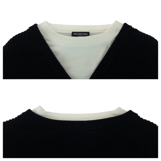 BALENCIAGA knit 678555 T3218 cotton black black white Layered knit sweater with docking design logo mens L Used Authentic