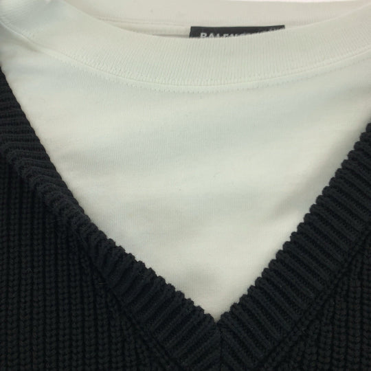 BALENCIAGA knit 678555 T3218 cotton black black white Layered knit sweater with docking design logo mens L Used Authentic