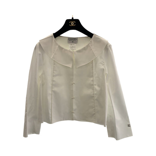 CHANEL Long sleeve shirt P13350V07529 cotton White SilverMetal Long sleeve shirt Shirt jacket Collarless jacket COCO Mark Women 34 Used Authentic