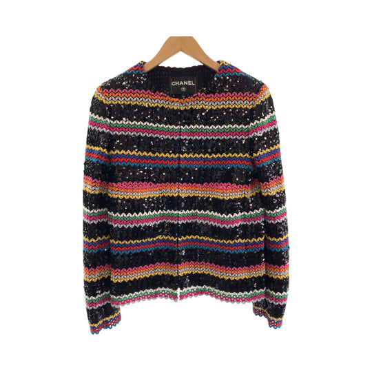 CHANEL No color jacket P72607V64263 cotton multicolor No-collar jacket cardigan Collection line Sequin Women 36 Used Authentic