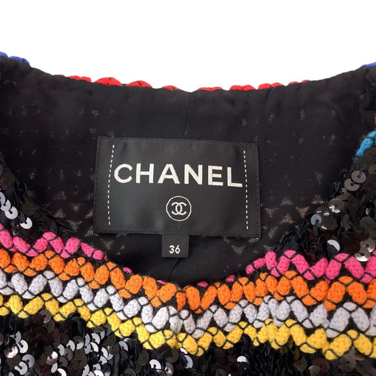 CHANEL No color jacket P72607V64263 cotton multicolor No-collar jacket cardigan Collection line Sequin Women 36 Used Authentic