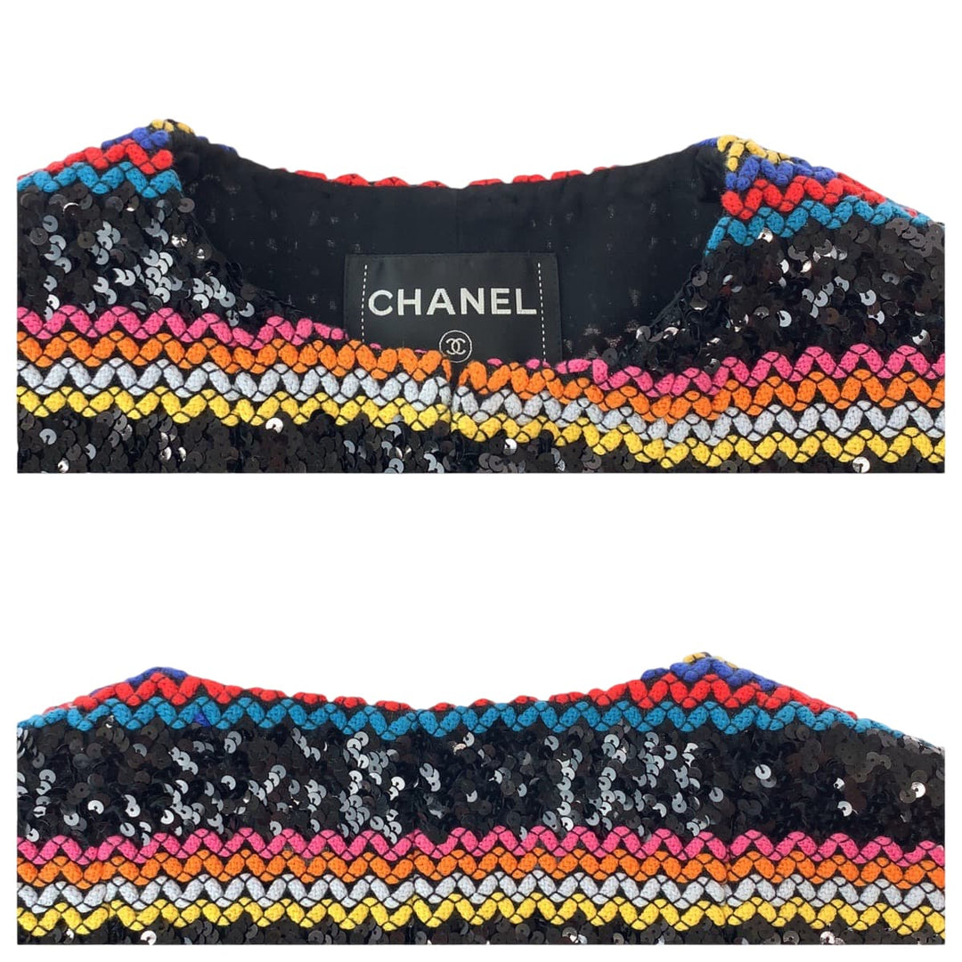 CHANEL No color jacket P72607V64263 cotton multicolor No-collar jacket cardigan Collection line Sequin Women 36 Used Authentic