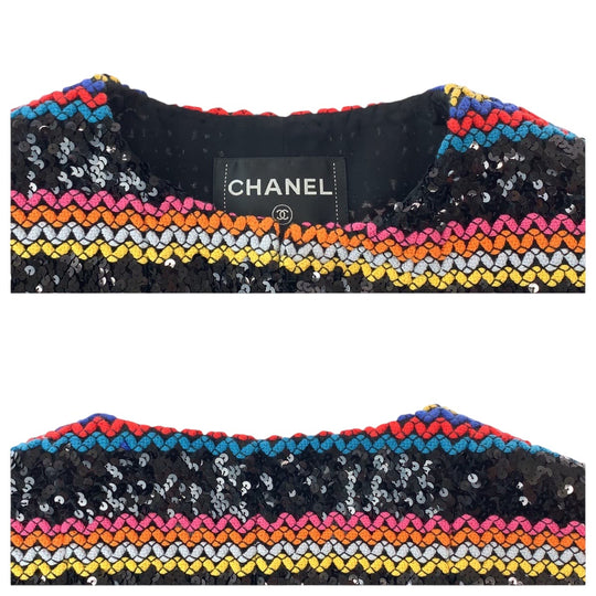 CHANEL No color jacket P72607V64263 cotton multicolor No-collar jacket cardigan Collection line Sequin Women 36 Used Authentic