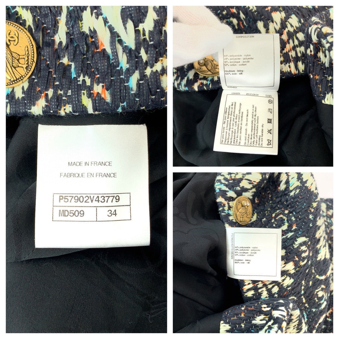 CHANEL No color jacket P57902V43779 wool Navy multi-color No-collar jacket Half coat Overall handle Owl COCO Mark Women 34 Used Authentic