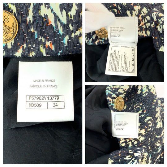CHANEL No color jacket P57902V43779 wool Navy multi-color No-collar jacket Half coat Overall handle Owl COCO Mark Women 34 Used Authentic
