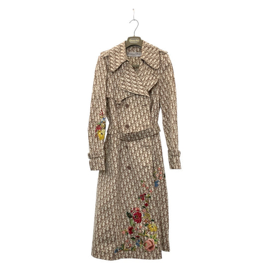 Dior trench coat cotton Beige SilverMetal Trotter Floral Embroidery Women 36 Used Authentic