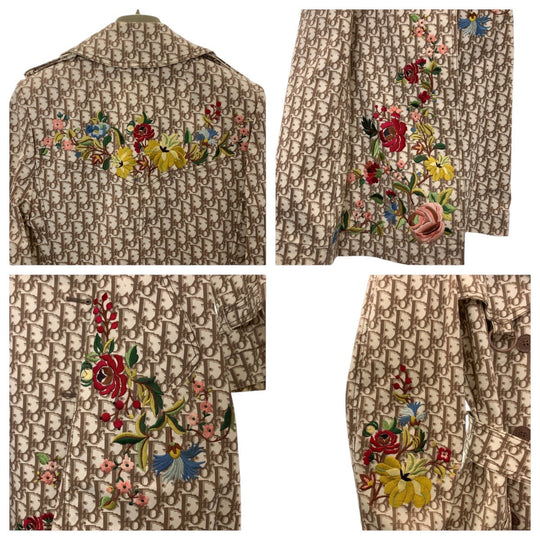 Dior trench coat cotton Beige SilverMetal Trotter Floral Embroidery Women 36 Used Authentic