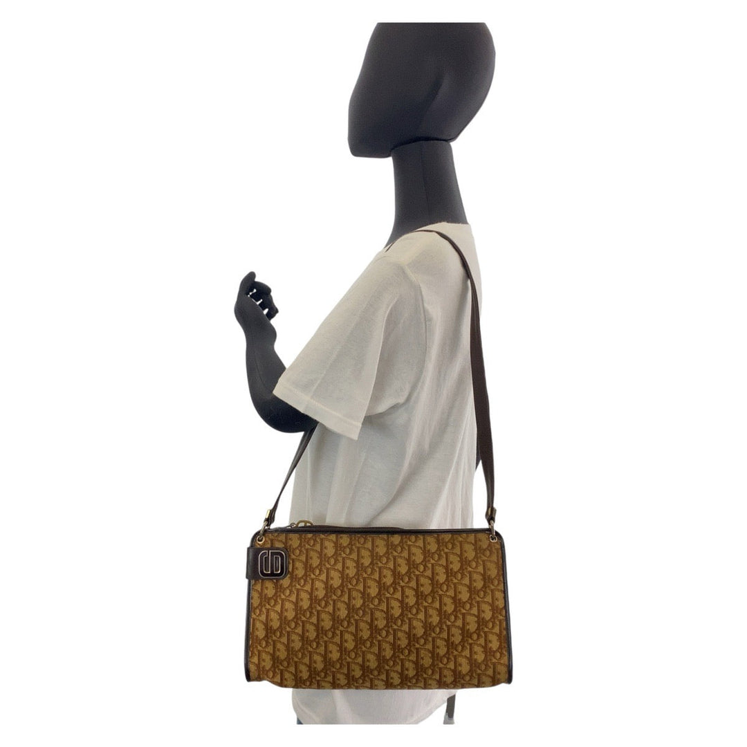 Christian Dior Shoulder Bag Canvas, Leather Brown Beige Gold Metal Shoulder Bag Trotter Women Used Authentic