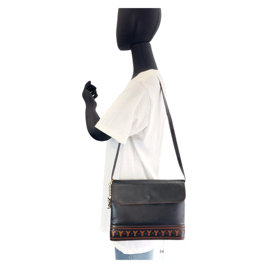 Yves Saint Laurent Shoulder Bag leather Black Orange Gold Metal Crossbody Shoulder Bag Messenger Bag YSL Y Cutout Women Used Authentic