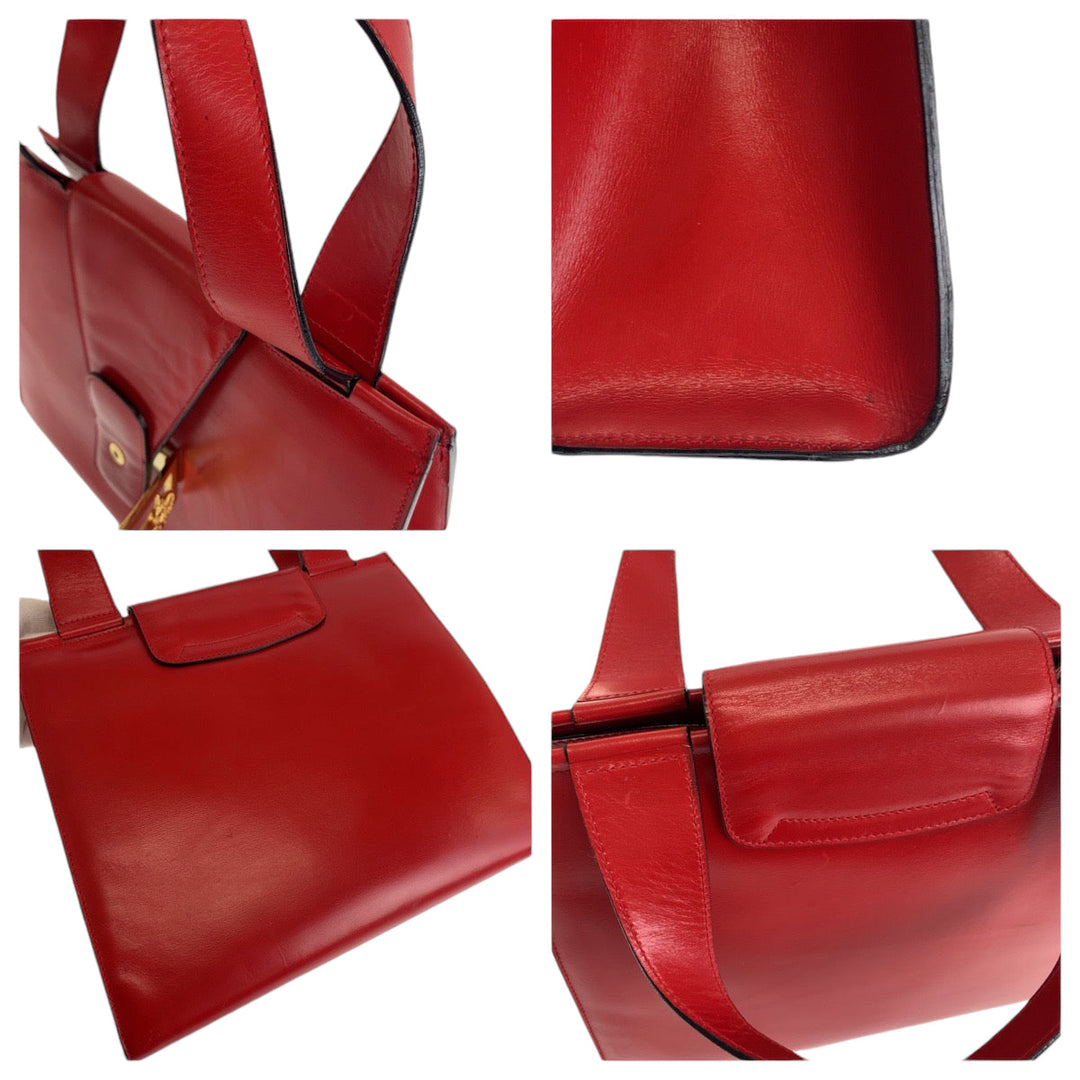 CELINE Handbag leather Red Gold Metal Handbag Hose carriage Carriage Women Used Authentic