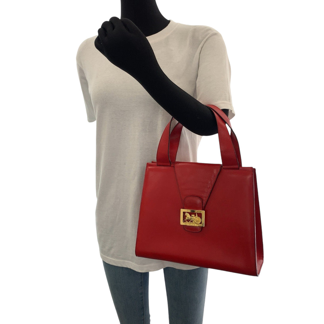 CELINE Handbag leather Red Gold Metal Handbag Hose carriage Carriage Women Used Authentic