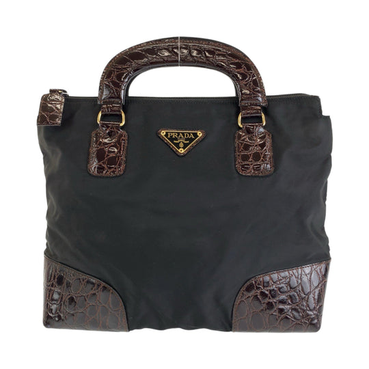 PRADA Tote Bag Nylon Black Brown Gold Metal Tote Bag handbag Test Triangle With logo embossed Women Used Authentic