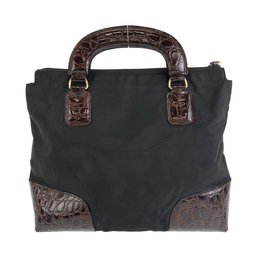 PRADA Tote Bag Nylon Black Brown Gold Metal Tote Bag handbag Test Triangle With logo embossed Women Used Authentic