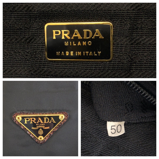 PRADA Tote Bag Nylon Black Brown Gold Metal Tote Bag handbag Test Triangle With logo embossed Women Used Authentic