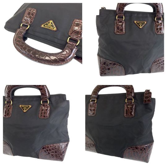 PRADA Tote Bag Nylon Black Brown Gold Metal Tote Bag handbag Test Triangle With logo embossed Women Used Authentic