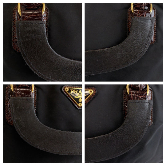 PRADA Tote Bag Nylon Black Brown Gold Metal Tote Bag handbag Test Triangle With logo embossed Women Used Authentic