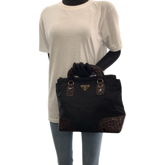 PRADA Tote Bag Nylon Black Brown Gold Metal Tote Bag handbag Test Triangle With logo embossed Women Used Authentic