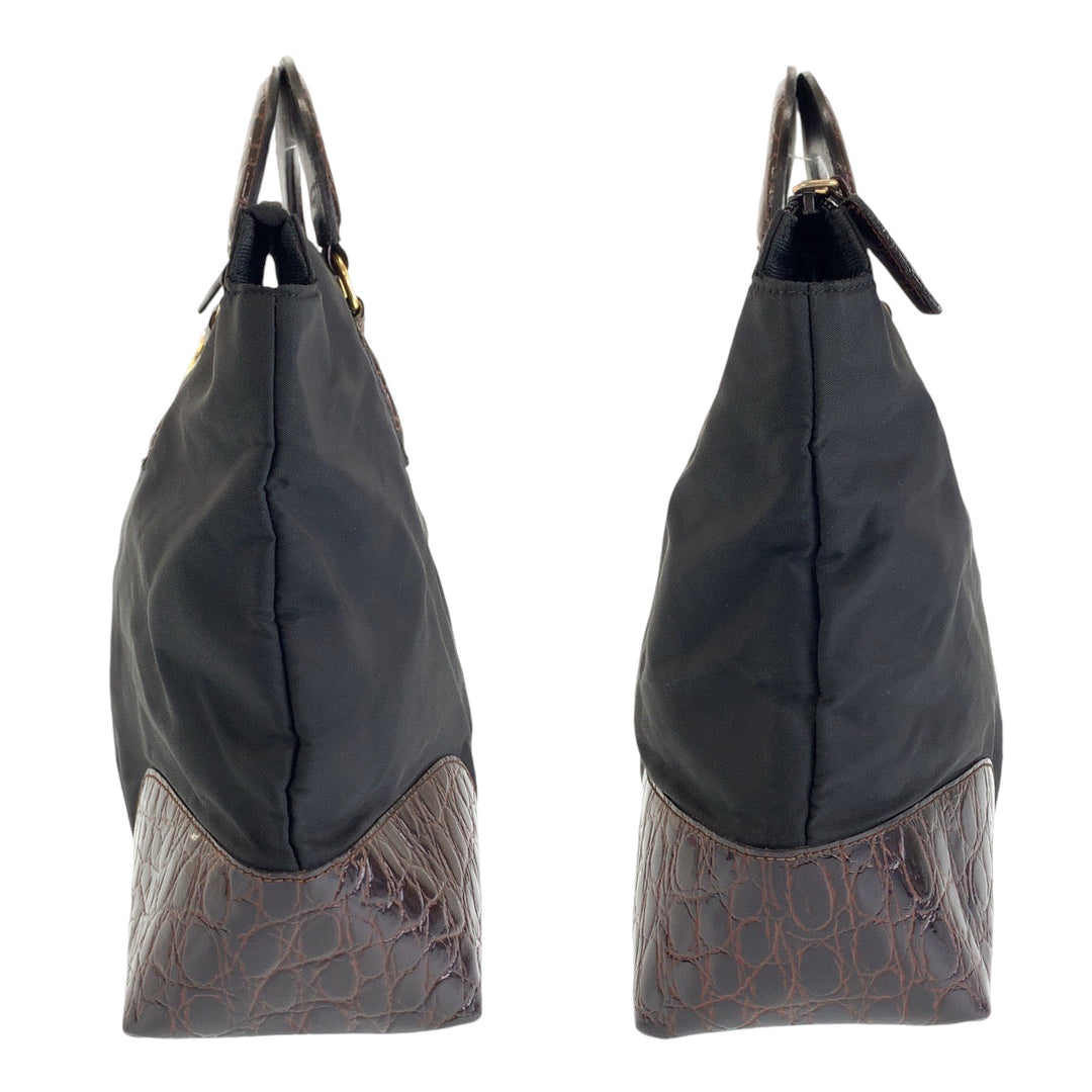 PRADA Tote Bag Nylon Black Brown Gold Metal Tote Bag handbag Test Triangle With logo embossed Women Used Authentic