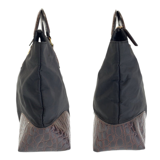 PRADA Tote Bag Nylon Black Brown Gold Metal Tote Bag handbag Test Triangle With logo embossed Women Used Authentic