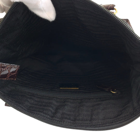 PRADA Tote Bag Nylon Black Brown Gold Metal Tote Bag handbag Test Triangle With logo embossed Women Used Authentic