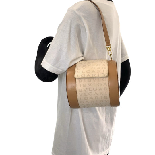 BVLGARI Shoulder Bag canvas Beige Brown Gold Metal Shoulder Bag Vanitek Bag Accessory Pouch Logo mania B-Zero 1 Women Used Authentic