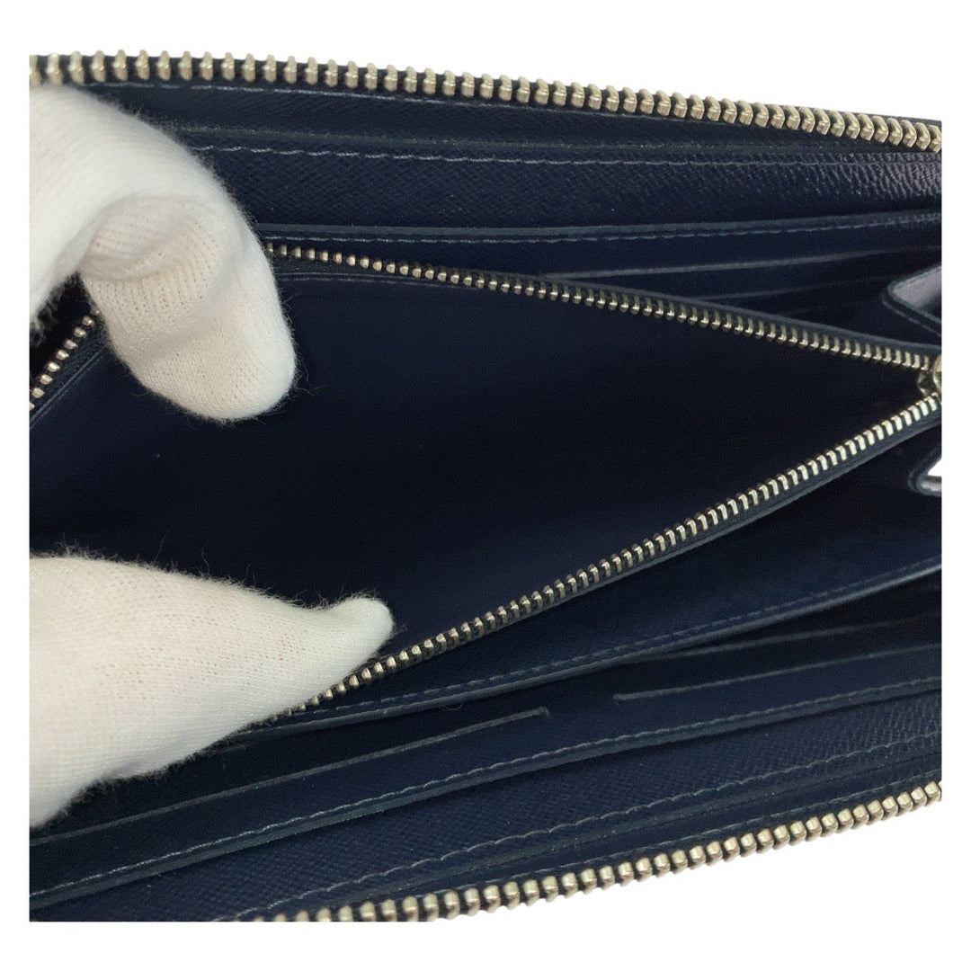 LOUIS VUITTON Long Wallet Purse M44276 leather Blue Marine Navy SilverMetal Long Wallet Purse Zip Around business bag Taiga Zippy XL mens Used Authentic