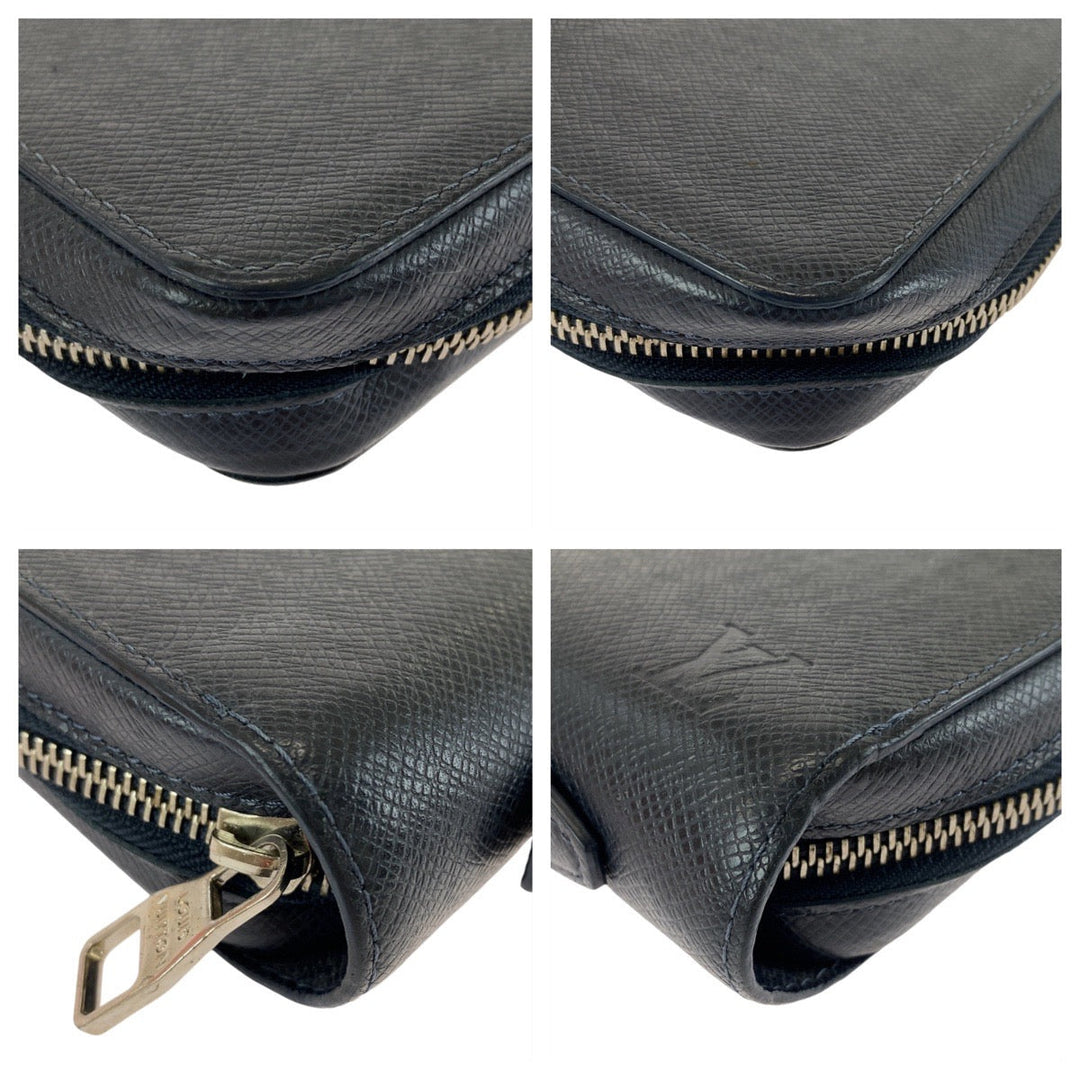 LOUIS VUITTON Long Wallet Purse M44276 leather Blue Marine Navy SilverMetal Long Wallet Purse Zip Around business bag Taiga Zippy XL mens Used Authentic