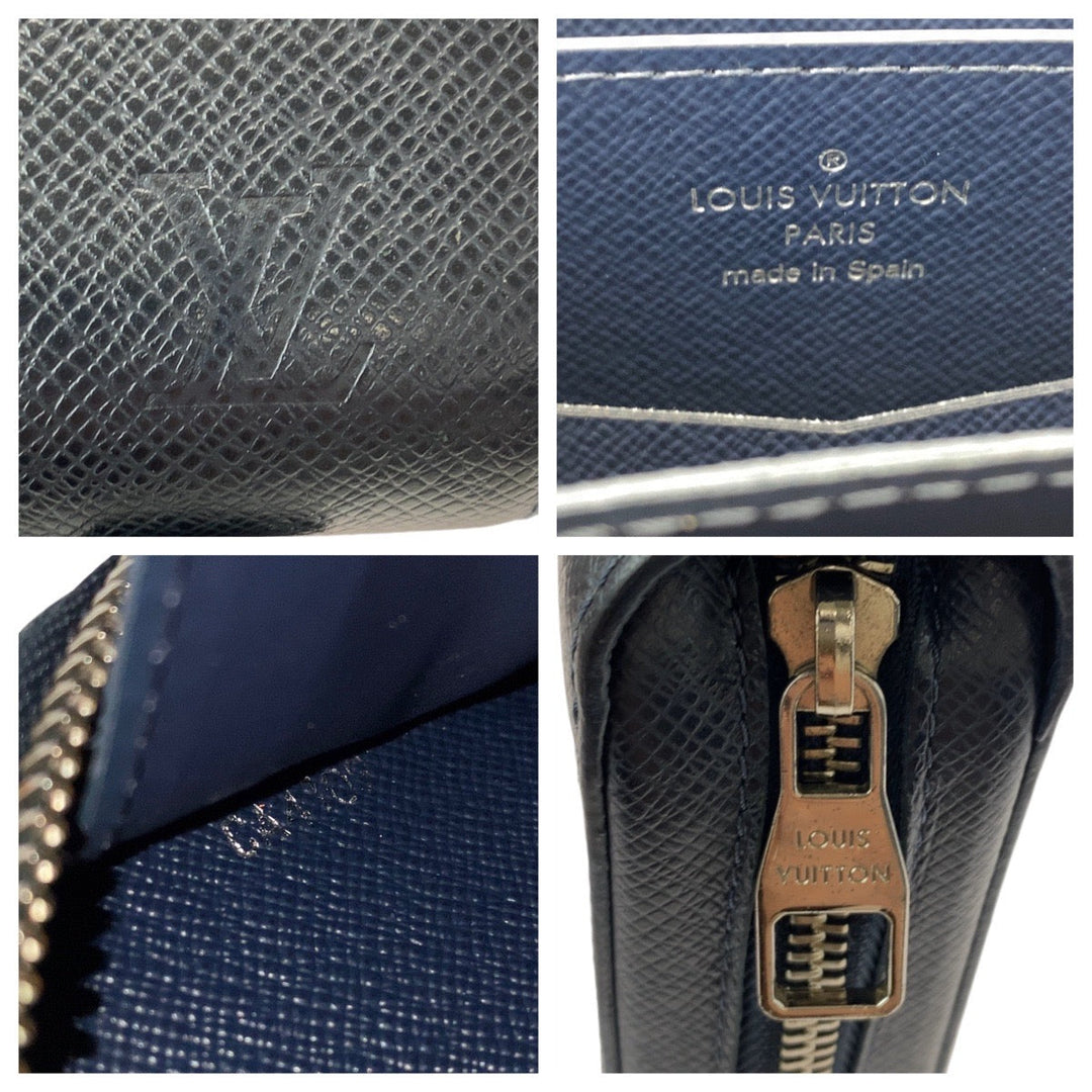 LOUIS VUITTON Long Wallet Purse M44276 leather Blue Marine Navy SilverMetal Long Wallet Purse Zip Around business bag Taiga Zippy XL mens Used Authentic