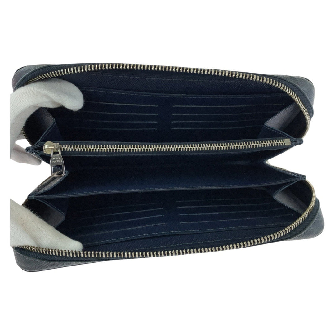 LOUIS VUITTON Long Wallet Purse M44276 leather Blue Marine Navy SilverMetal Long Wallet Purse Zip Around business bag Taiga Zippy XL mens Used Authentic