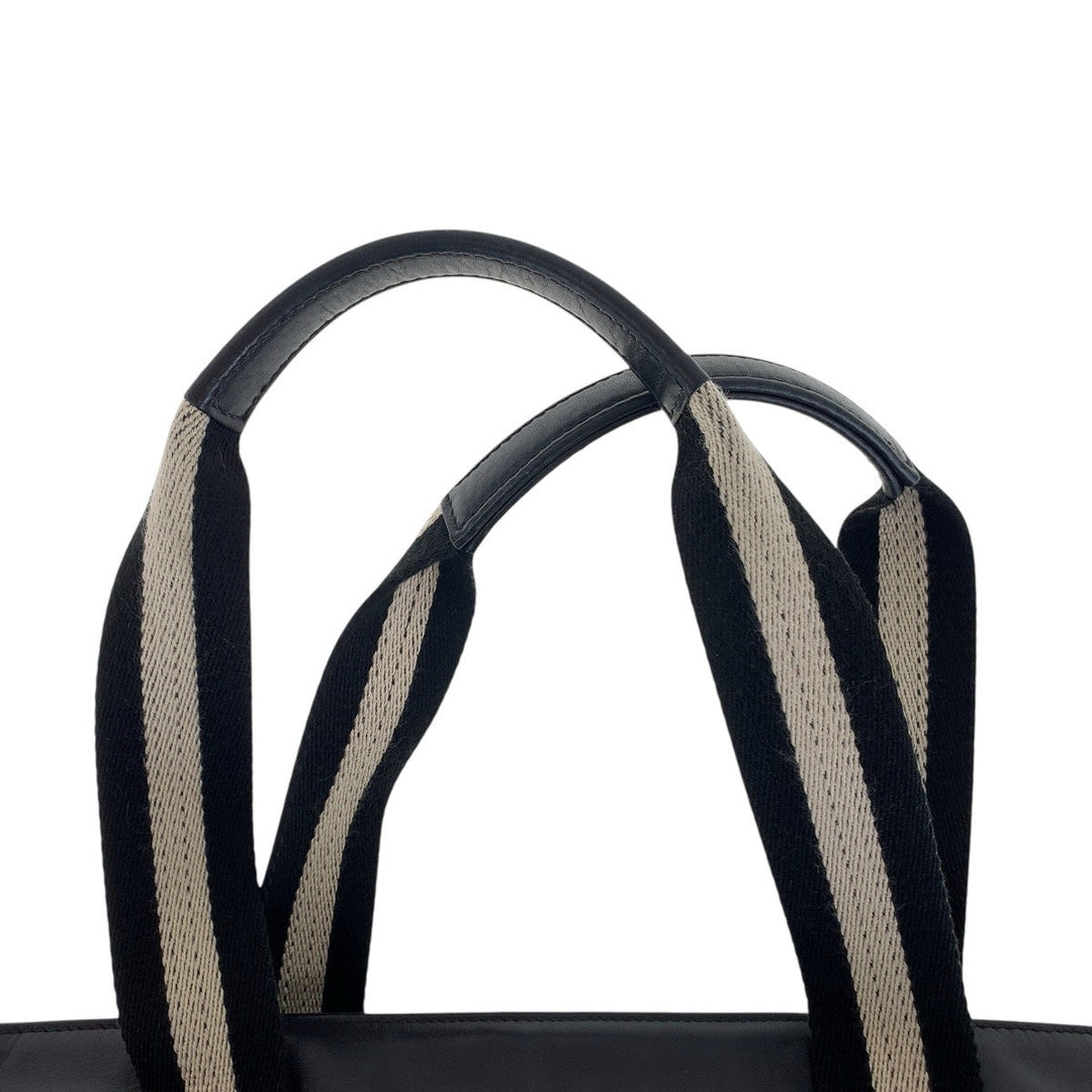 BALLY Tote Bag leather Black White SilverMetal Tote Bag handbag stripe Women Used Authentic