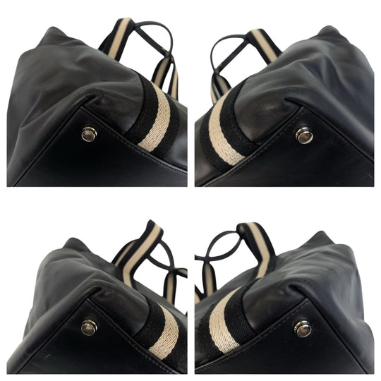 BALLY Tote Bag leather Black White SilverMetal Tote Bag handbag stripe Women Used Authentic