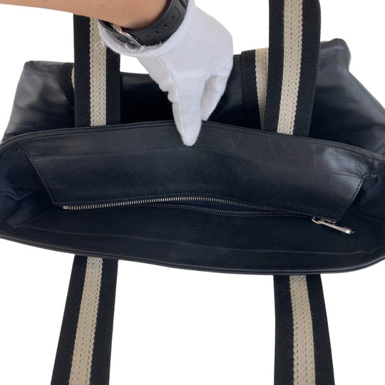 BALLY Tote Bag leather Black White SilverMetal Tote Bag handbag stripe Women Used Authentic