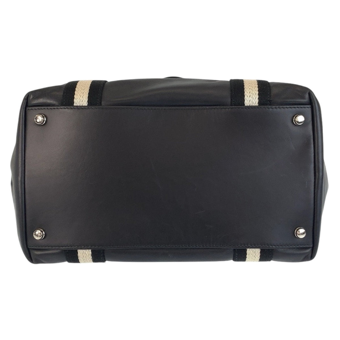 BALLY Tote Bag leather Black White SilverMetal Tote Bag handbag stripe Women Used Authentic