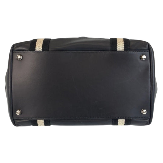 BALLY Tote Bag leather Black White SilverMetal Tote Bag handbag stripe Women Used Authentic