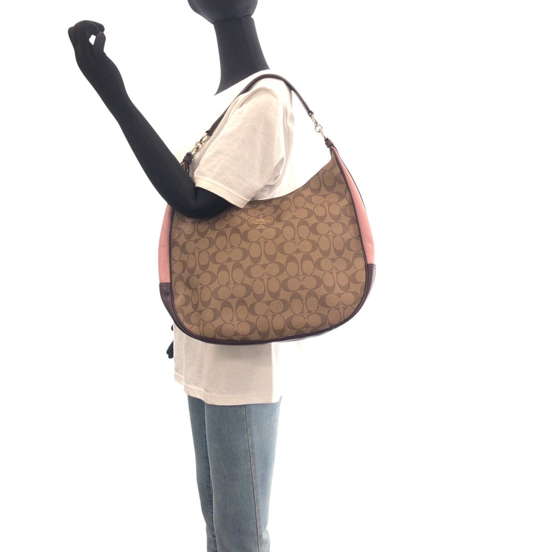 COACH Shoulder Bag leather Beige Multicolor Gold Metal Crossbody Shoulder Bag Signature Women Used Authentic