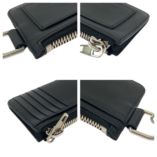 BALENCIAGA Coin case 655594 leather Black Silver Metal Chained Coin Case Fragment Case Card Case logo mens Used Authentic