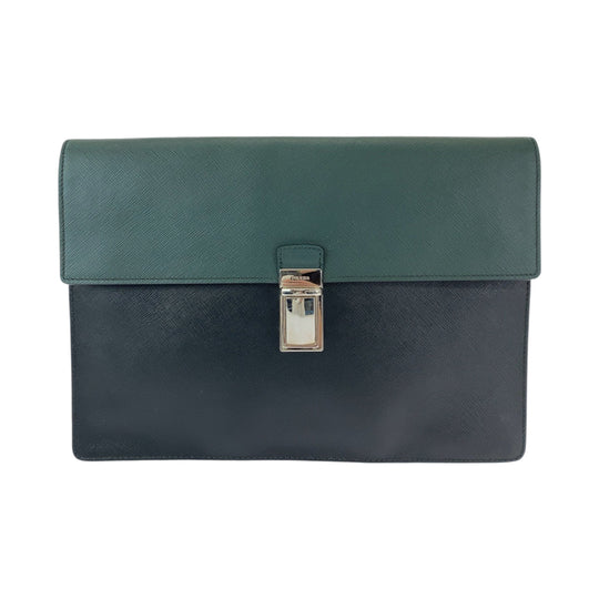 PRADA Clutch bag VR089M leather Bicolor Green Black SilverMetal Clutch bag Business bag Document case Safiano Triangle With logo mens Used Authentic