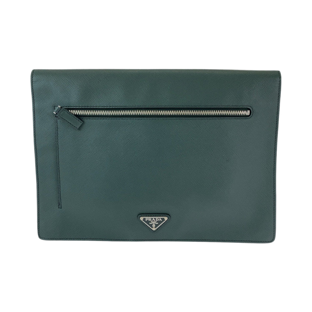 PRADA Clutch bag VR089M leather Bicolor Green Black SilverMetal Clutch bag Business bag Document case Safiano Triangle With logo mens Used Authentic